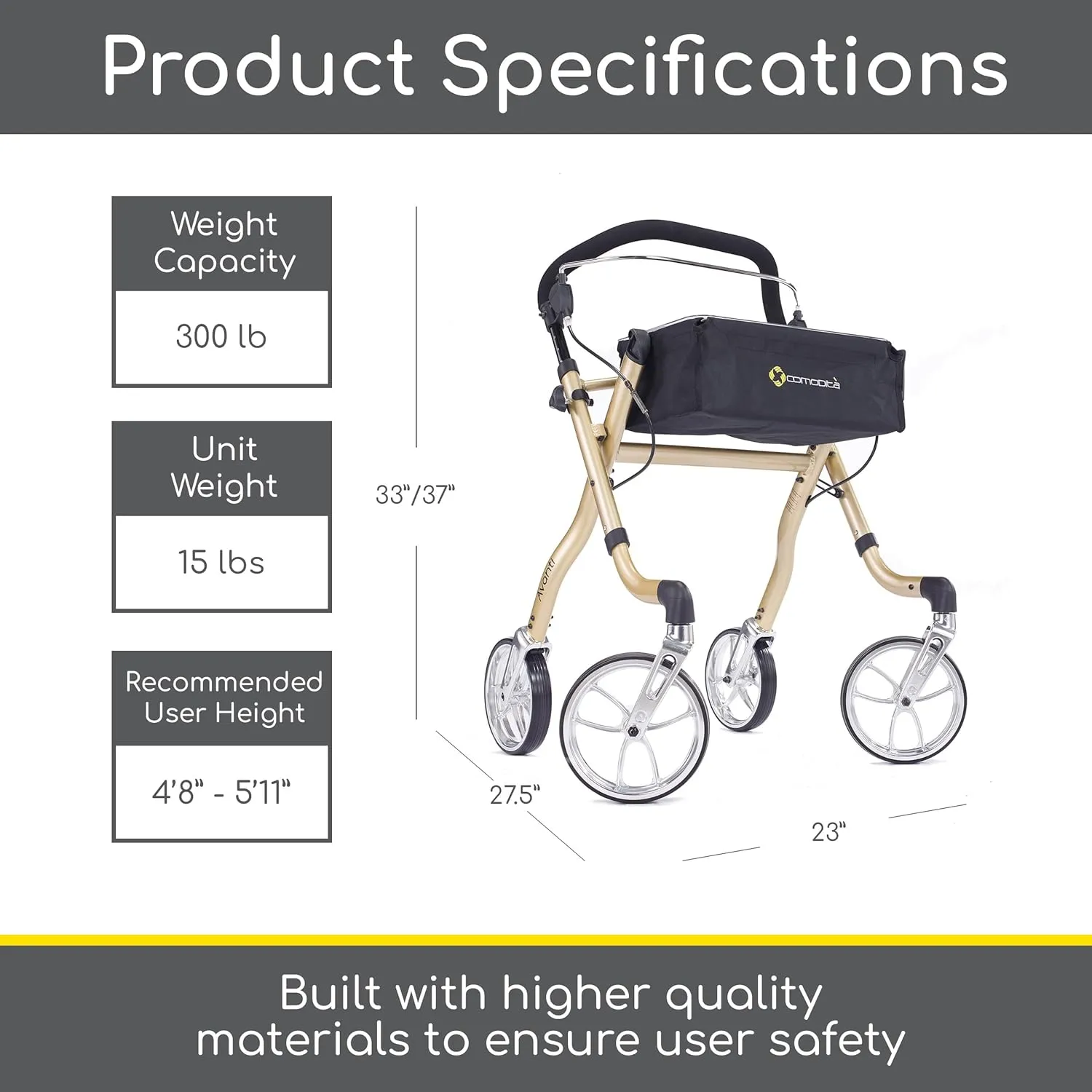 Comodità Avanti Mobility Rolling Walker, Wheeled Rollator with Tray and Brakes for Adults and Seniors, Lightweight Easy Folding, 4 Wheel, 1 Handed or 2 Hand Operation, Metallic Champagne