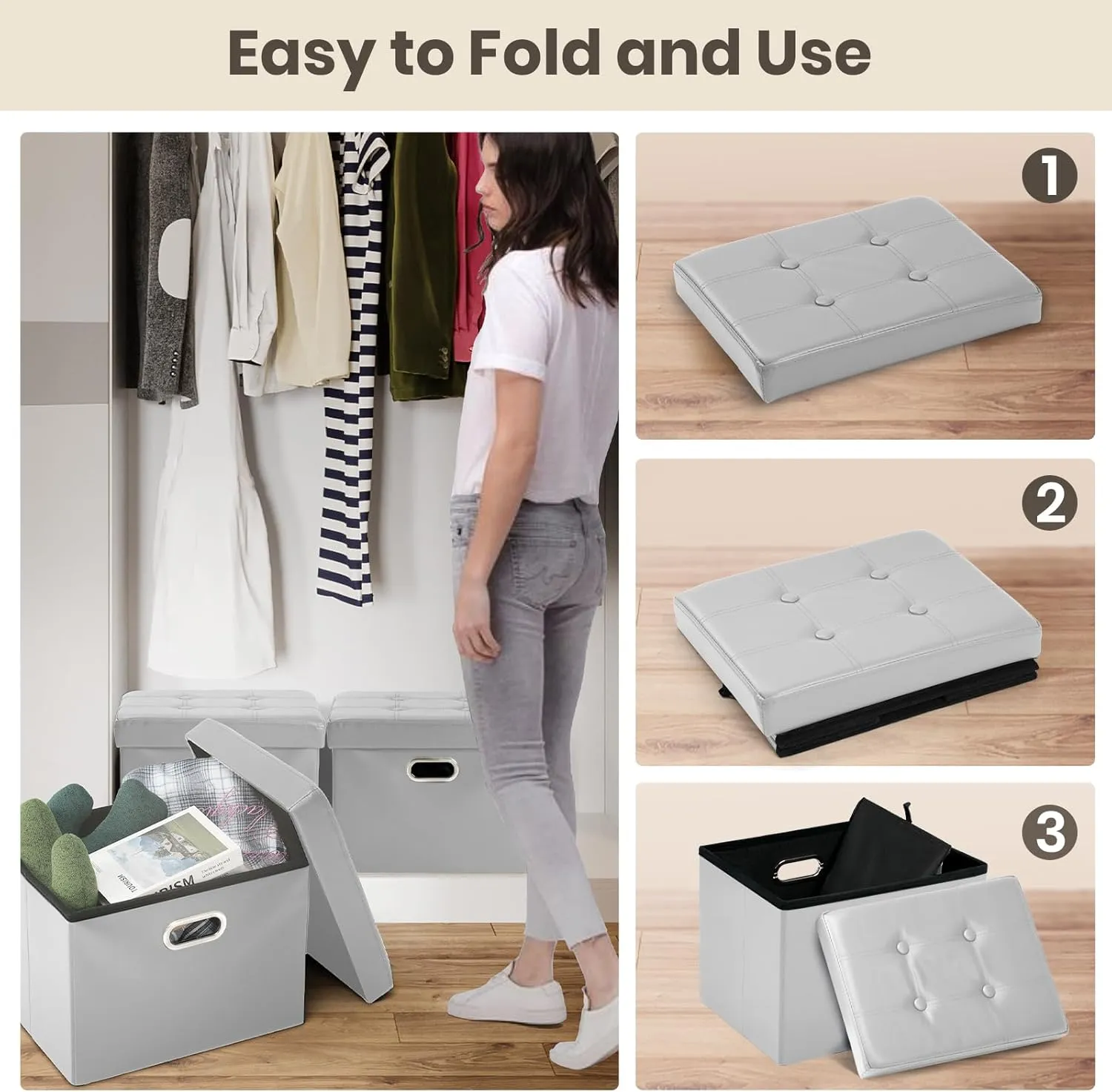 COSYLAND Storage Ottoman - Rectangle Leather Footrest Stool 17x13x13in - Folding Small Collapsible Bench With Handles and Lid - Foldable Organizer Gray