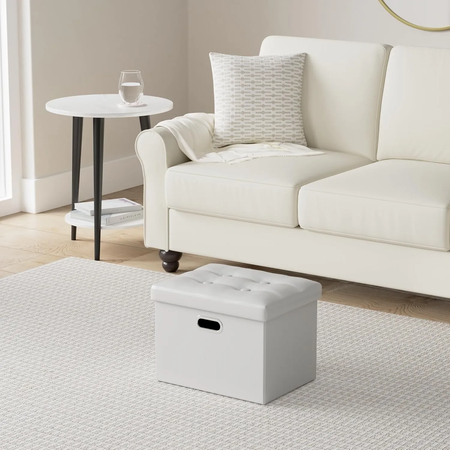 COSYLAND Storage Ottoman - Rectangle Leather Footrest Stool 17x13x13in - Folding Small Collapsible Bench With Handles and Lid - Foldable Organizer Gray