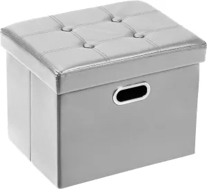 COSYLAND Storage Ottoman - Rectangle Leather Footrest Stool 17x13x13in - Folding Small Collapsible Bench With Handles and Lid - Foldable Organizer Gray