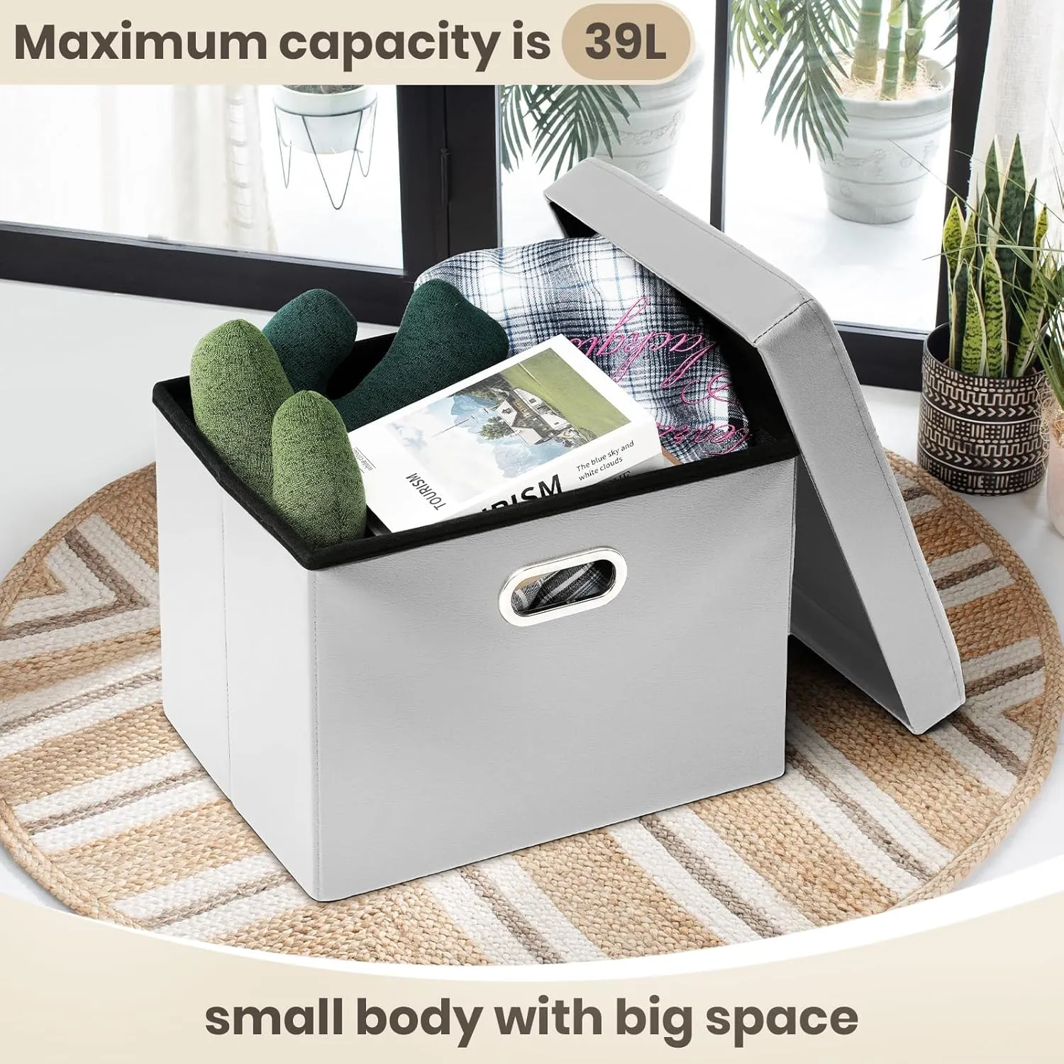 COSYLAND Storage Ottoman - Rectangle Leather Footrest Stool 17x13x13in - Folding Small Collapsible Bench With Handles and Lid - Foldable Organizer Gray