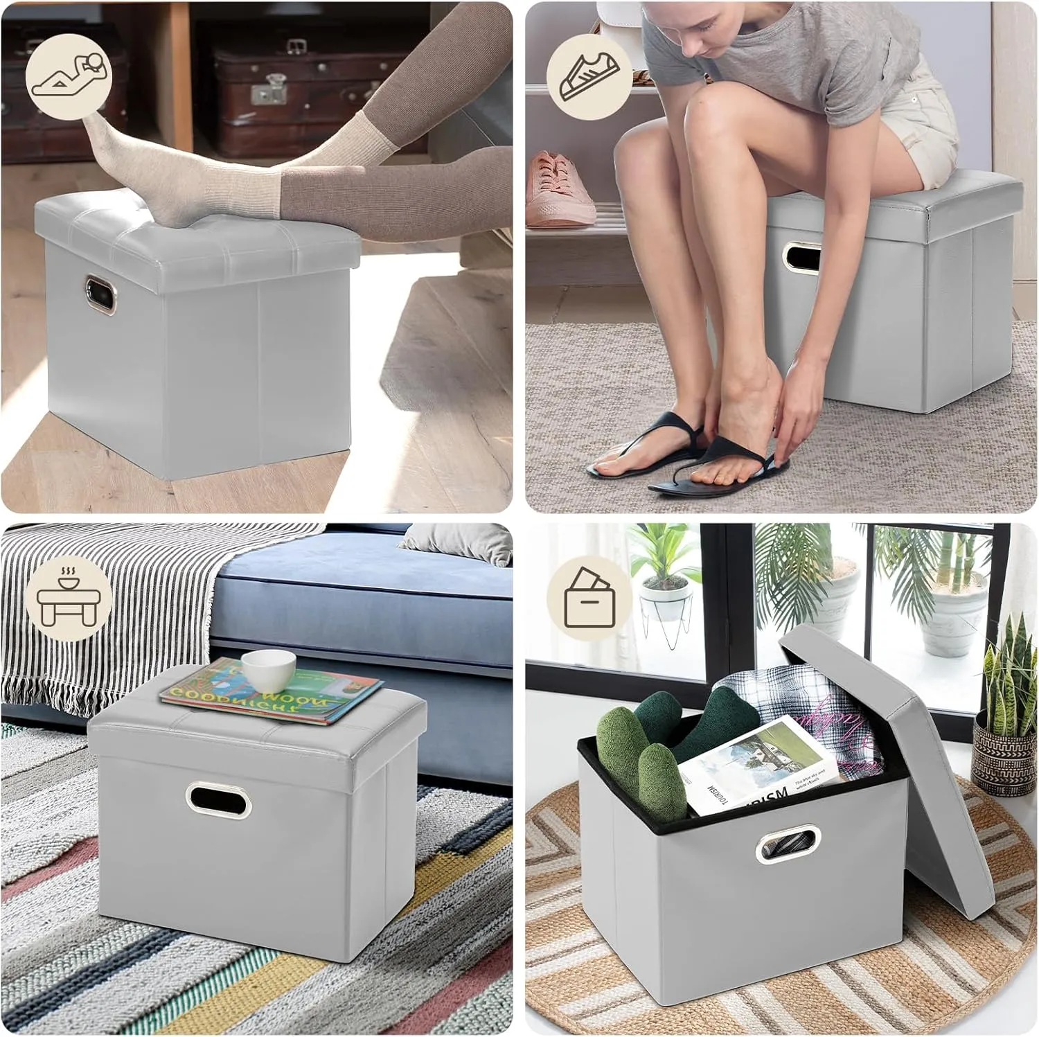 COSYLAND Storage Ottoman - Rectangle Leather Footrest Stool 17x13x13in - Folding Small Collapsible Bench With Handles and Lid - Foldable Organizer Gray