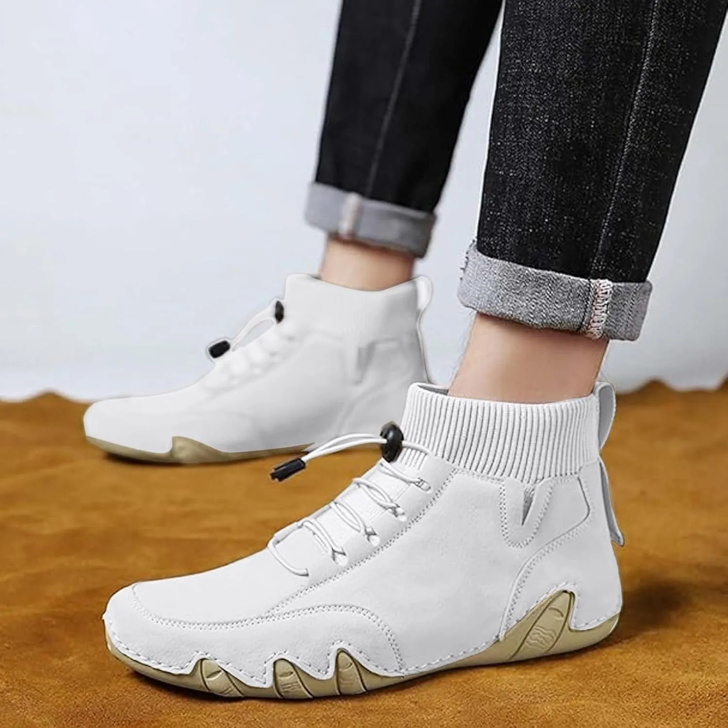 Couple's High Top Casual Shoes Casual Leather Water Proof Boots Splicing Leather Shoes Soft Soled Semi Casual Shoes Men