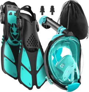 COZIA DESIGN Snorkeling Gear for Adults with Fins - Full Face Snorkel Mask and Swim Fins, 180° Panoramic View Snorkel Mask, Anti Fog and Anti Leak Adult Snorkel Set