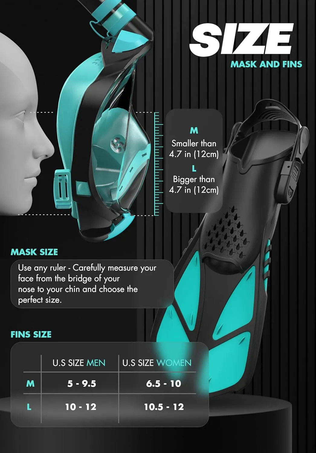 COZIA DESIGN Snorkeling Gear for Adults with Fins - Full Face Snorkel Mask and Swim Fins, 180° Panoramic View Snorkel Mask, Anti Fog and Anti Leak Adult Snorkel Set