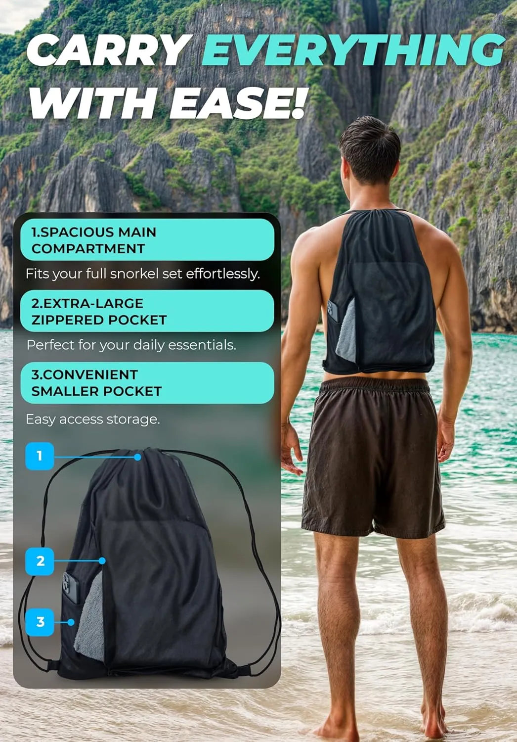 COZIA DESIGN Snorkeling Gear for Adults with Fins - Full Face Snorkel Mask and Swim Fins, 180° Panoramic View Snorkel Mask, Anti Fog and Anti Leak Adult Snorkel Set