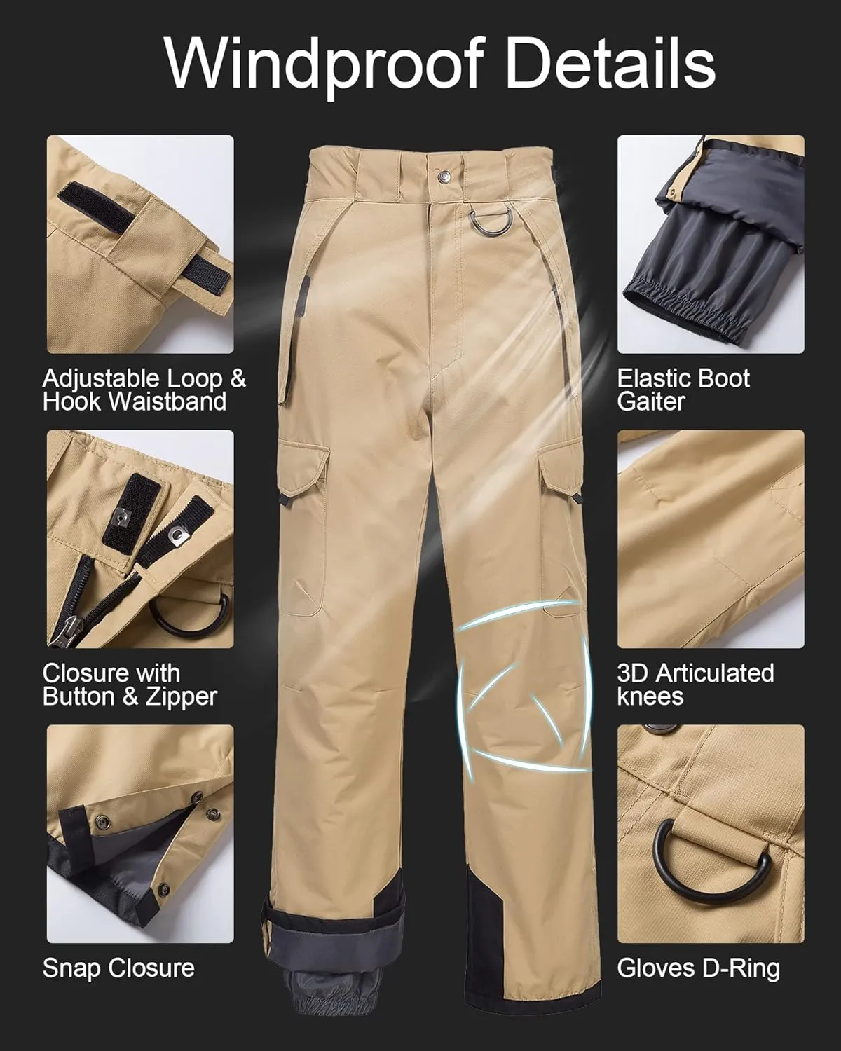 CREATMO US Men's Snow Pants Ski Bibs Waterproof Insulated Winter Snowboard Cargo