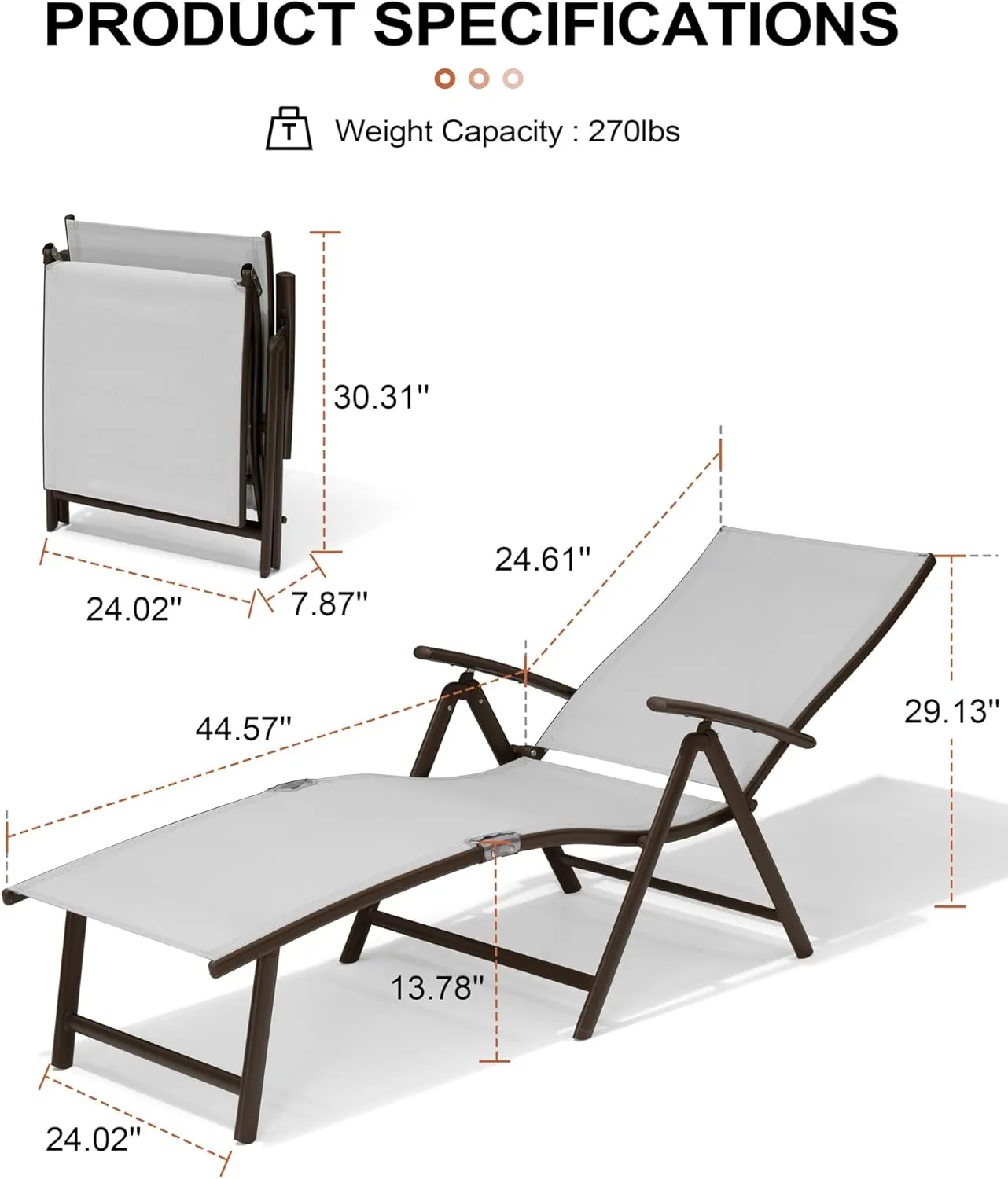 Crestlive Products Folding Patio Chaise Lounge Chair Outdoor, Aluminum Adjustable Outdoor Pool Recliner Chair, Assemble-Free, 8 Positions