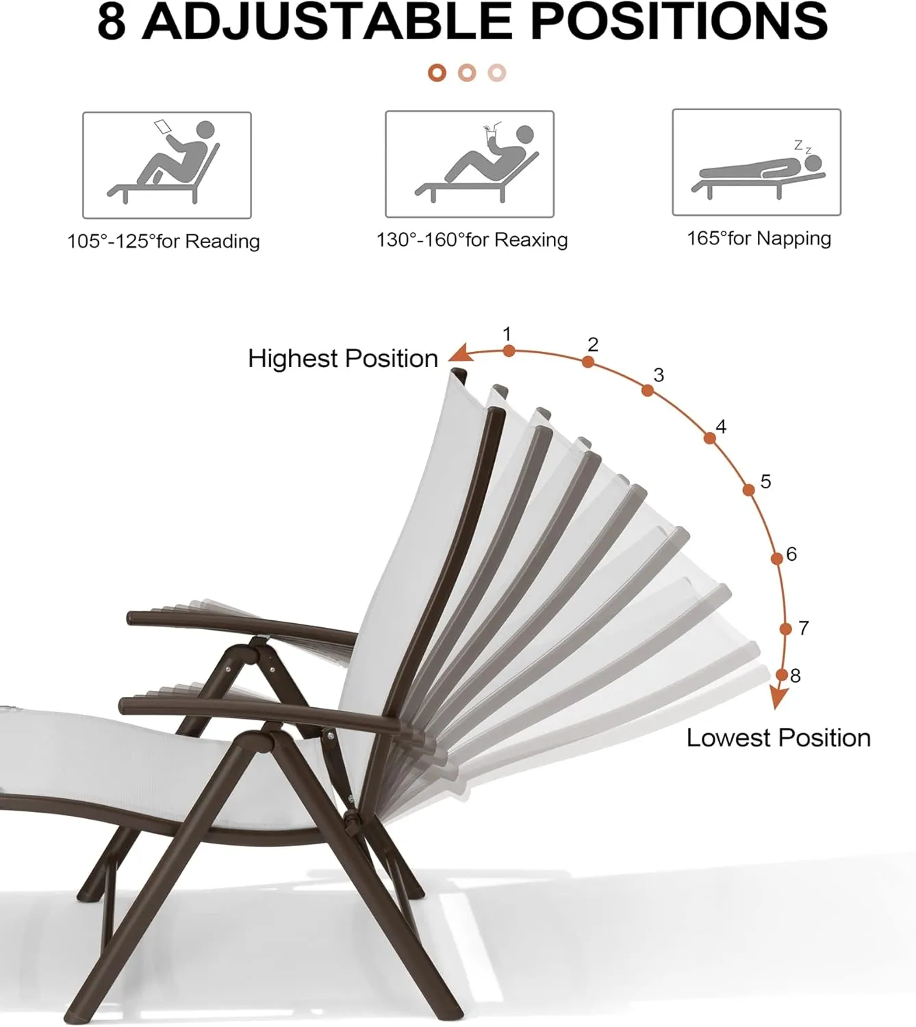 Crestlive Products Folding Patio Chaise Lounge Chair Outdoor, Aluminum Adjustable Outdoor Pool Recliner Chair, Assemble-Free, 8 Positions