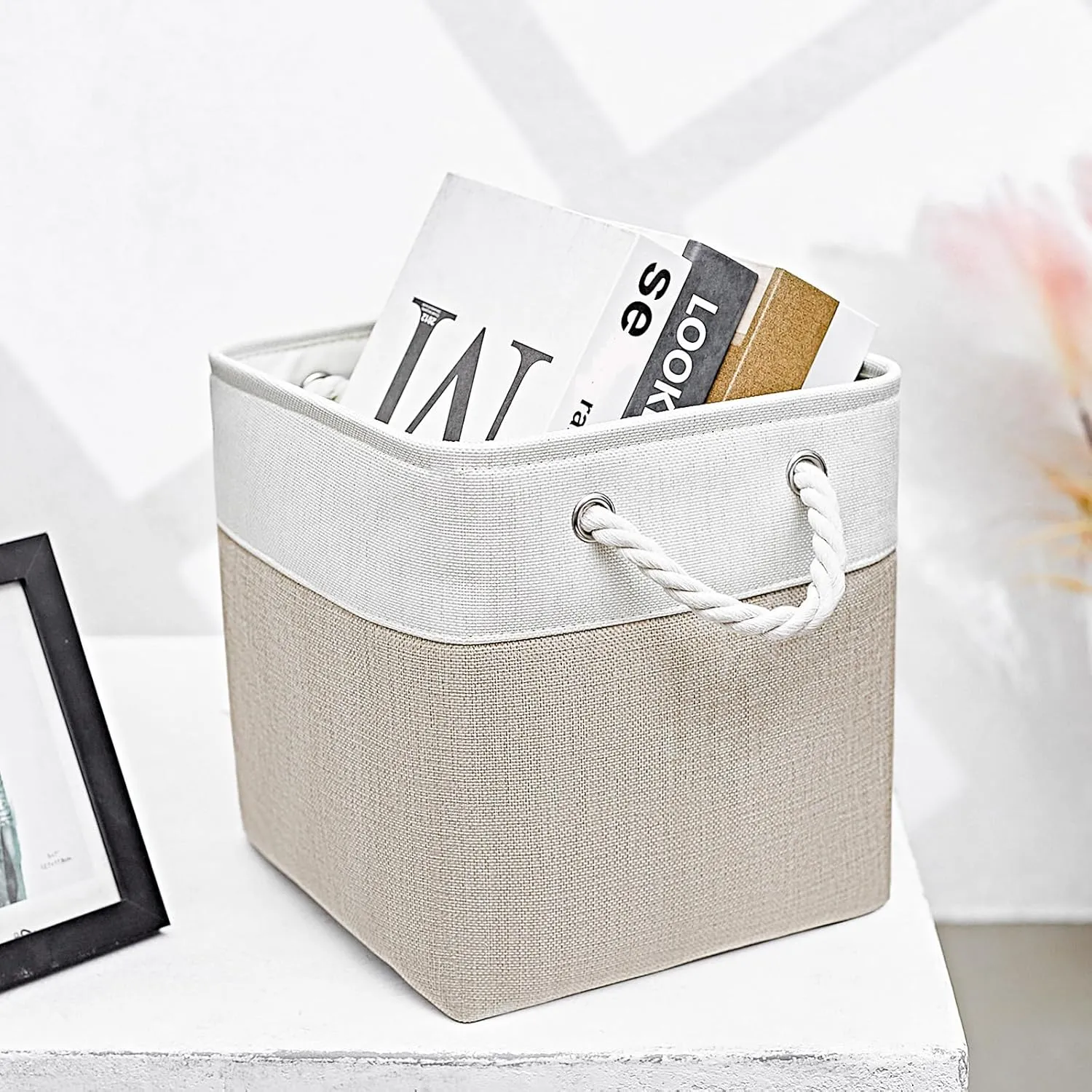 Cube Storage Bins, Collapsible Fabric Storage Cubes Bins, 11 Inch Cube Storage Bins with Handles, Foldable Storage Cubes (White/Beige, 6Pack)