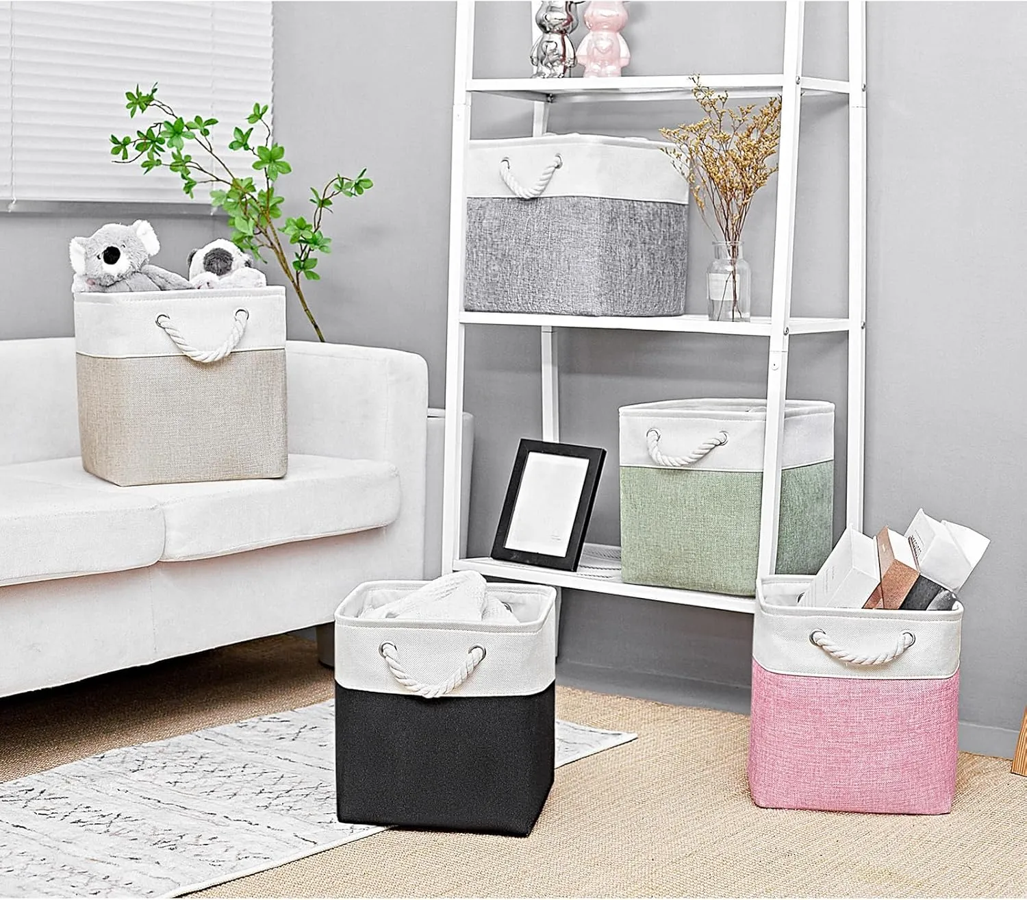 Cube Storage Bins, Collapsible Fabric Storage Cubes Bins, 11 Inch Cube Storage Bins with Handles, Foldable Storage Cubes (White/Beige, 6Pack)