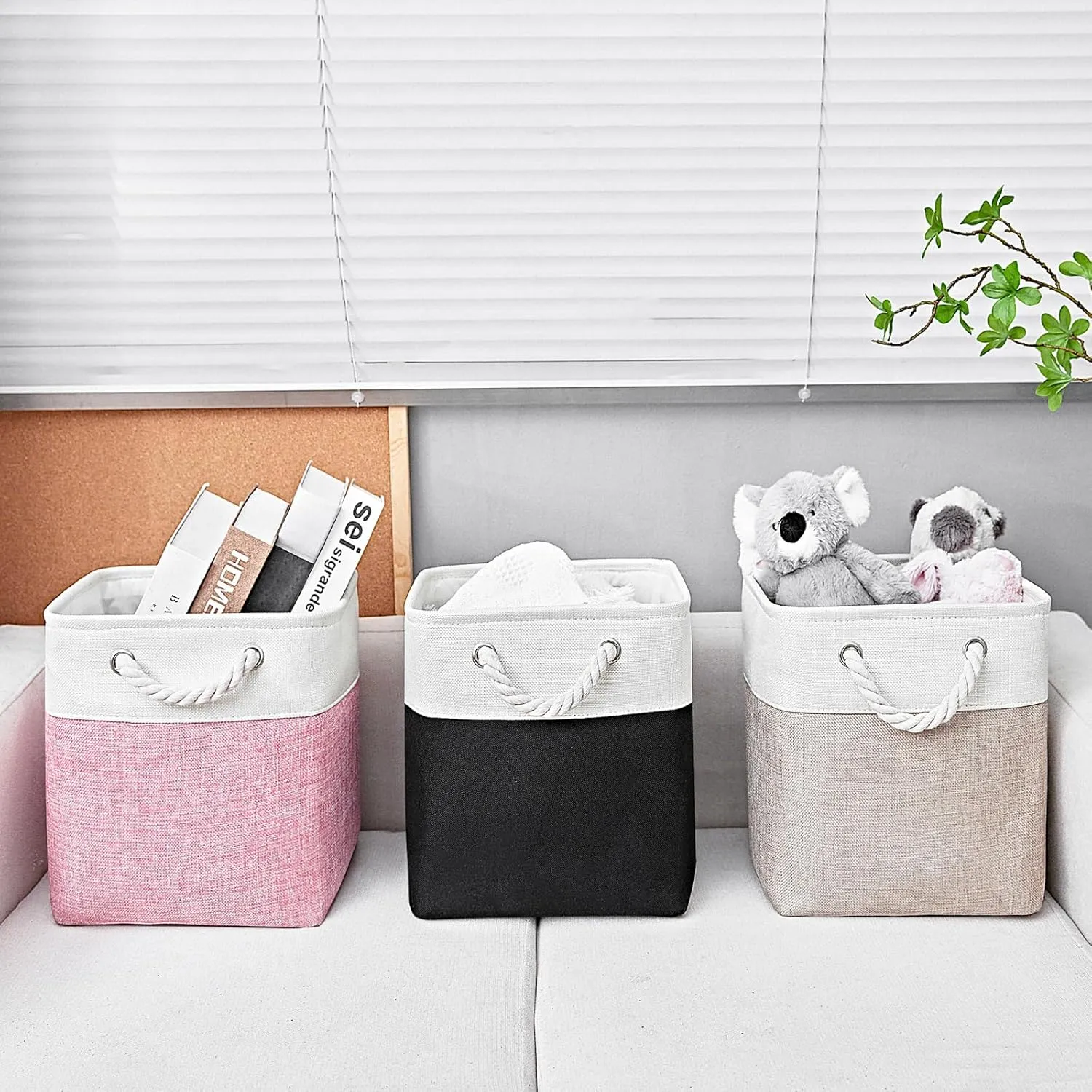 Cube Storage Bins, Collapsible Fabric Storage Cubes Bins, 11 Inch Cube Storage Bins with Handles, Foldable Storage Cubes (White/Beige, 6Pack)