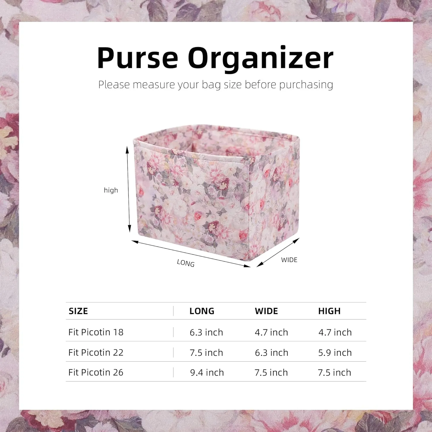 Custom Fit for Luxury Handbags Foldable Organizer Insert with Elegant Pattern, Perfectly Sized for Hermès Picotin 14/18/22/26 bags(PC22, Kaleidoscope)
