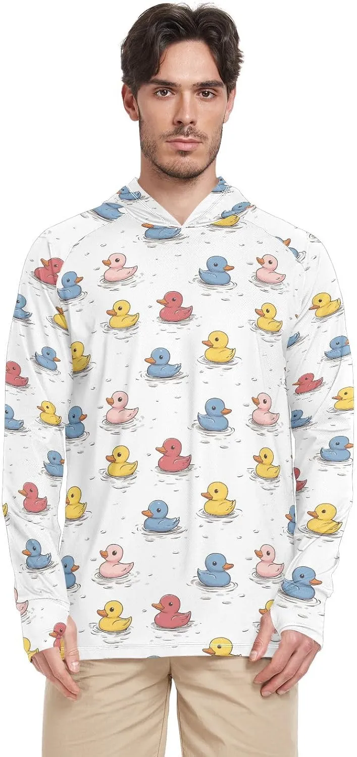 Cute Ducks Colored Men's Sun Protection Hoodie Long Sleeve Sun Shirt with Hood UPF 50  Sun Proof Shirts Rash Guard UV Shirts