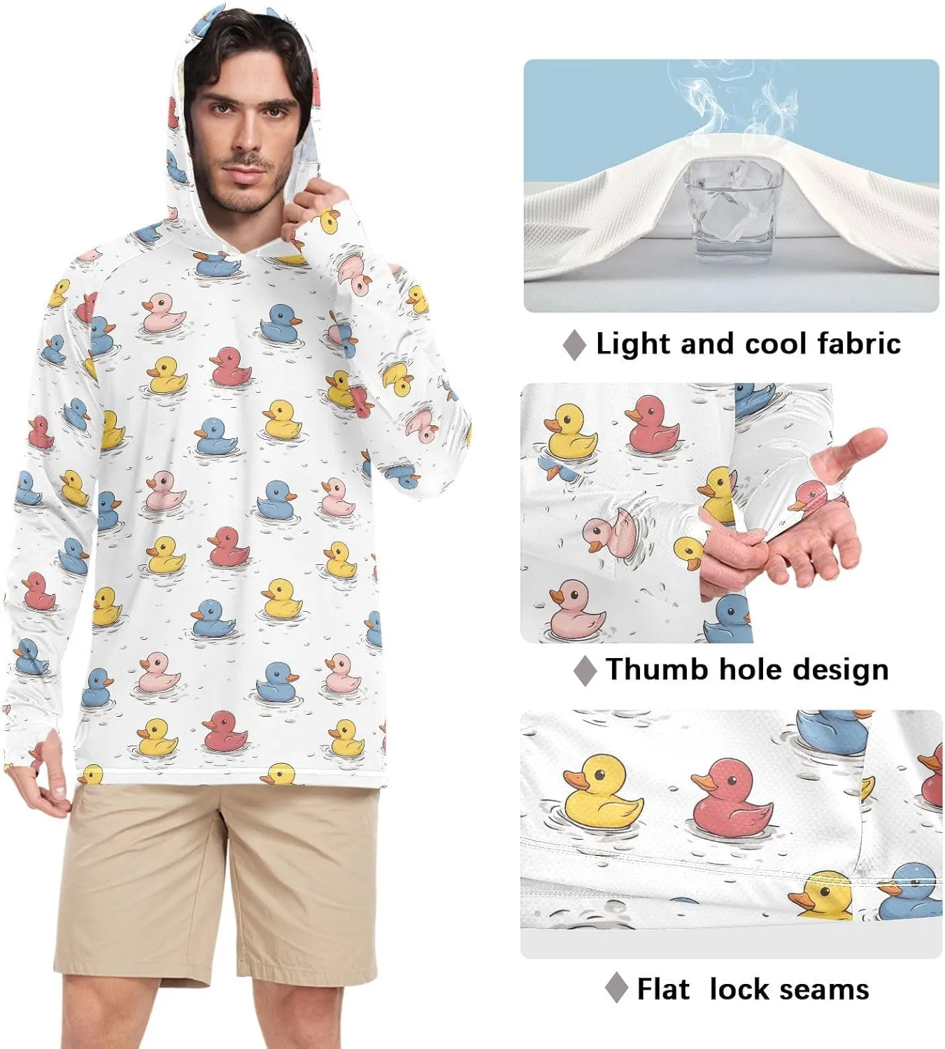 Cute Ducks Colored Men's Sun Protection Hoodie Long Sleeve Sun Shirt with Hood UPF 50  Sun Proof Shirts Rash Guard UV Shirts