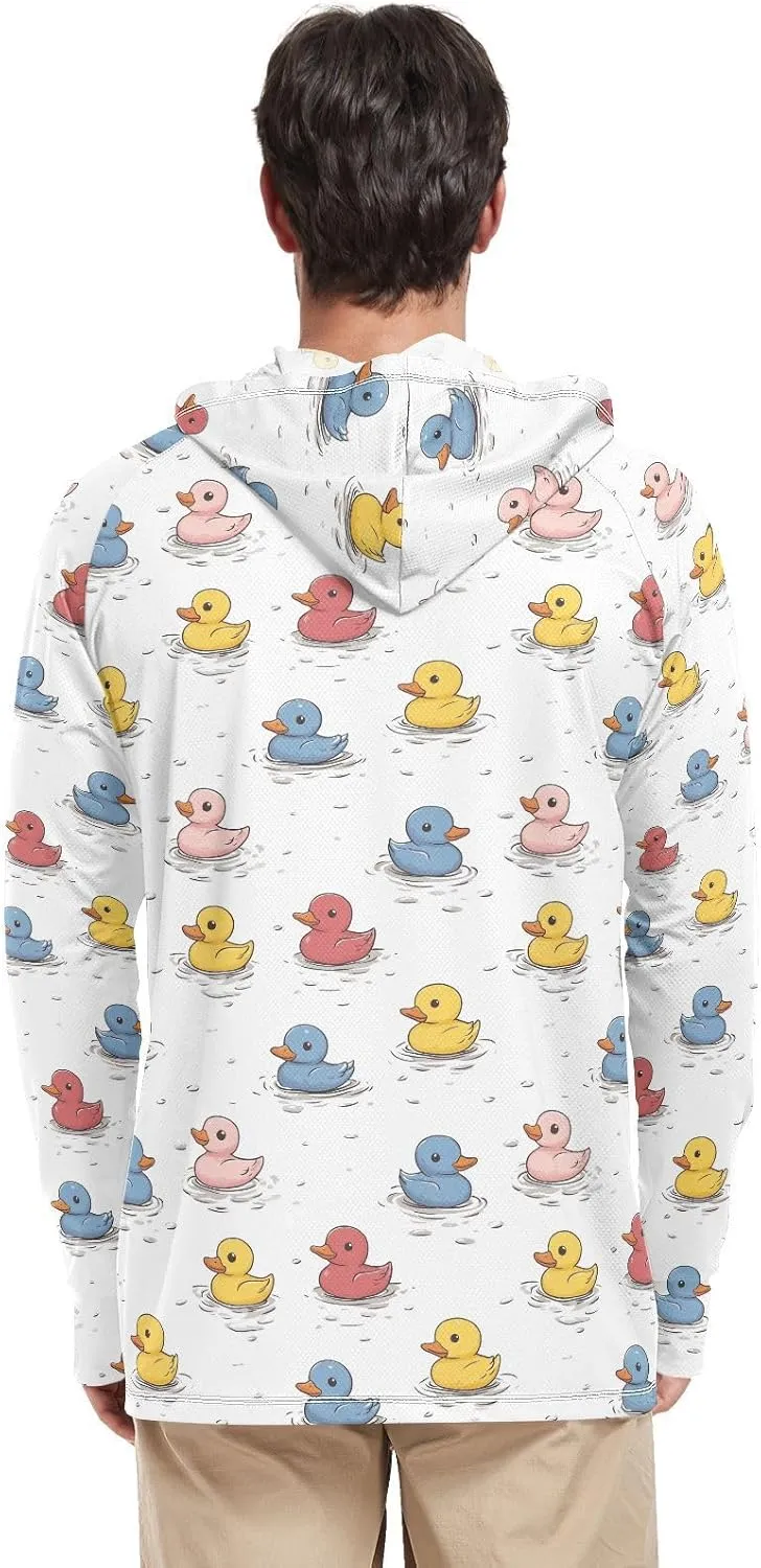 Cute Ducks Colored Men's Sun Protection Hoodie Long Sleeve Sun Shirt with Hood UPF 50  Sun Proof Shirts Rash Guard UV Shirts
