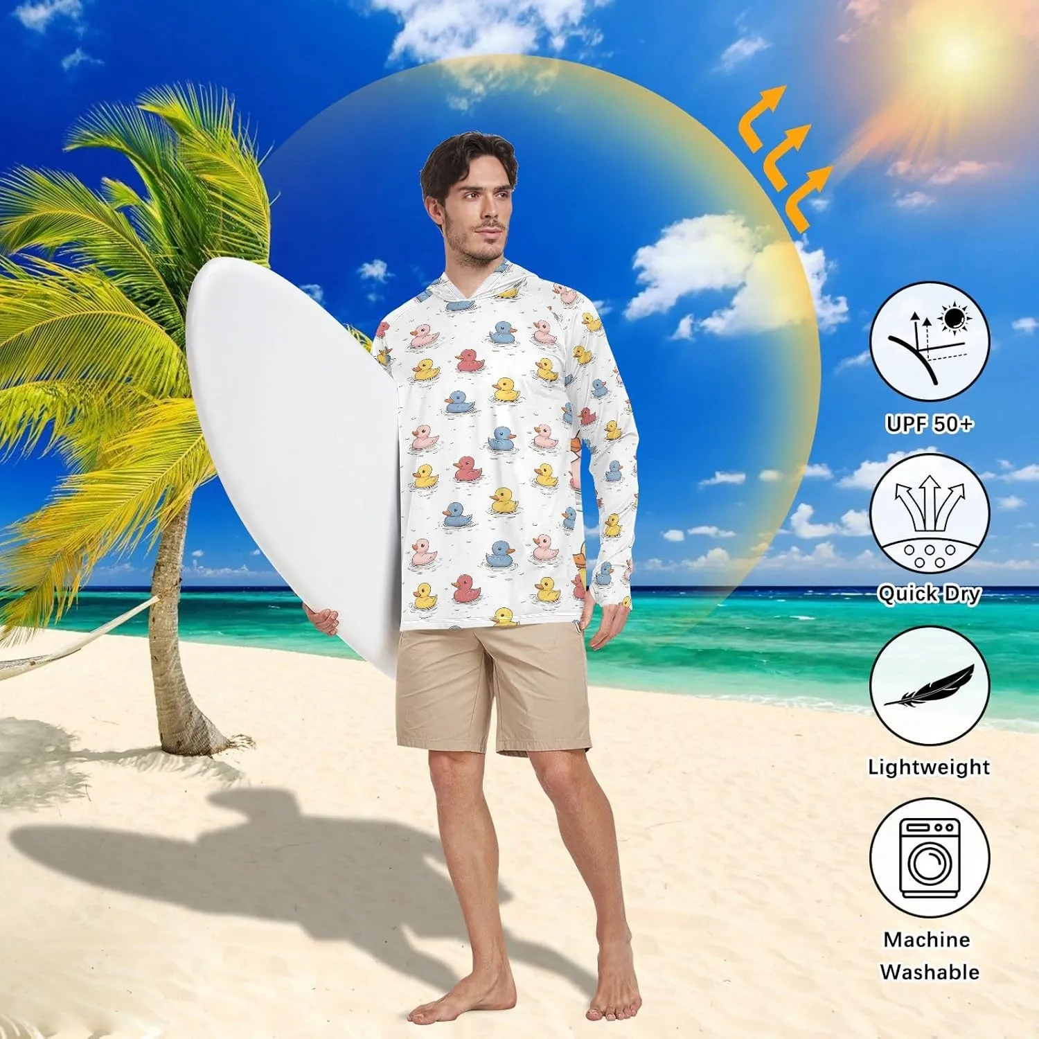Cute Ducks Colored Men's Sun Protection Hoodie Long Sleeve Sun Shirt with Hood UPF 50  Sun Proof Shirts Rash Guard UV Shirts