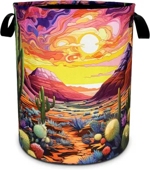 Desert Cactus Laundry Basket Colorful Scenery Mountain Foldable Oxford Cloth Funny Tote Bag Laundry Hamper Clothes Storage Bucket Toy Organizer For Bathroom/Storage/Bedroom 18.9x16.5 In