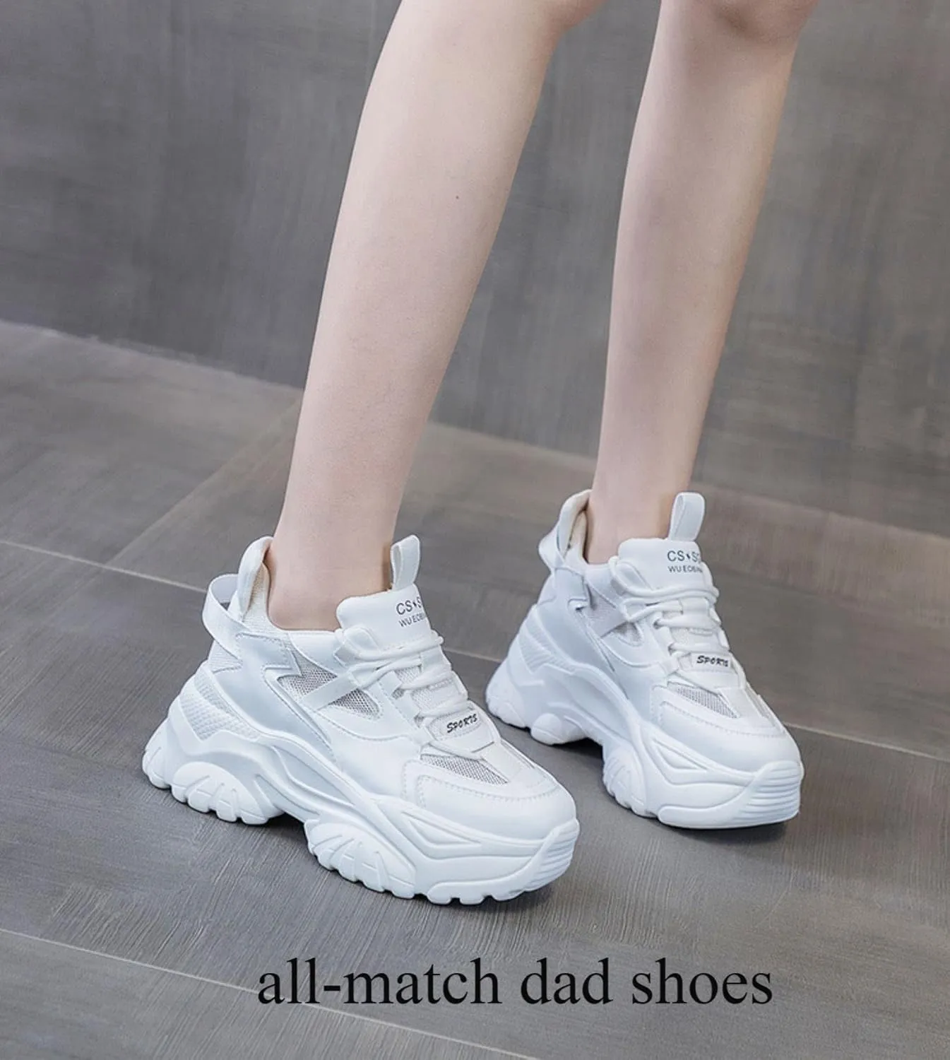DevilAngel Women's White Platform Mesh Daddy Shoes, Solid Color Breathable Heightening Jogging Walking Sneakers