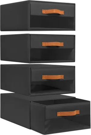 DIMJ Closet Organizers and Storage - Foldable Storage Bins with Drawers Fabric Stackable Storage Drawers with Clear Window,Fabric Clothes Organizers and Storage Drawers for Closet, 4-Pack, Black