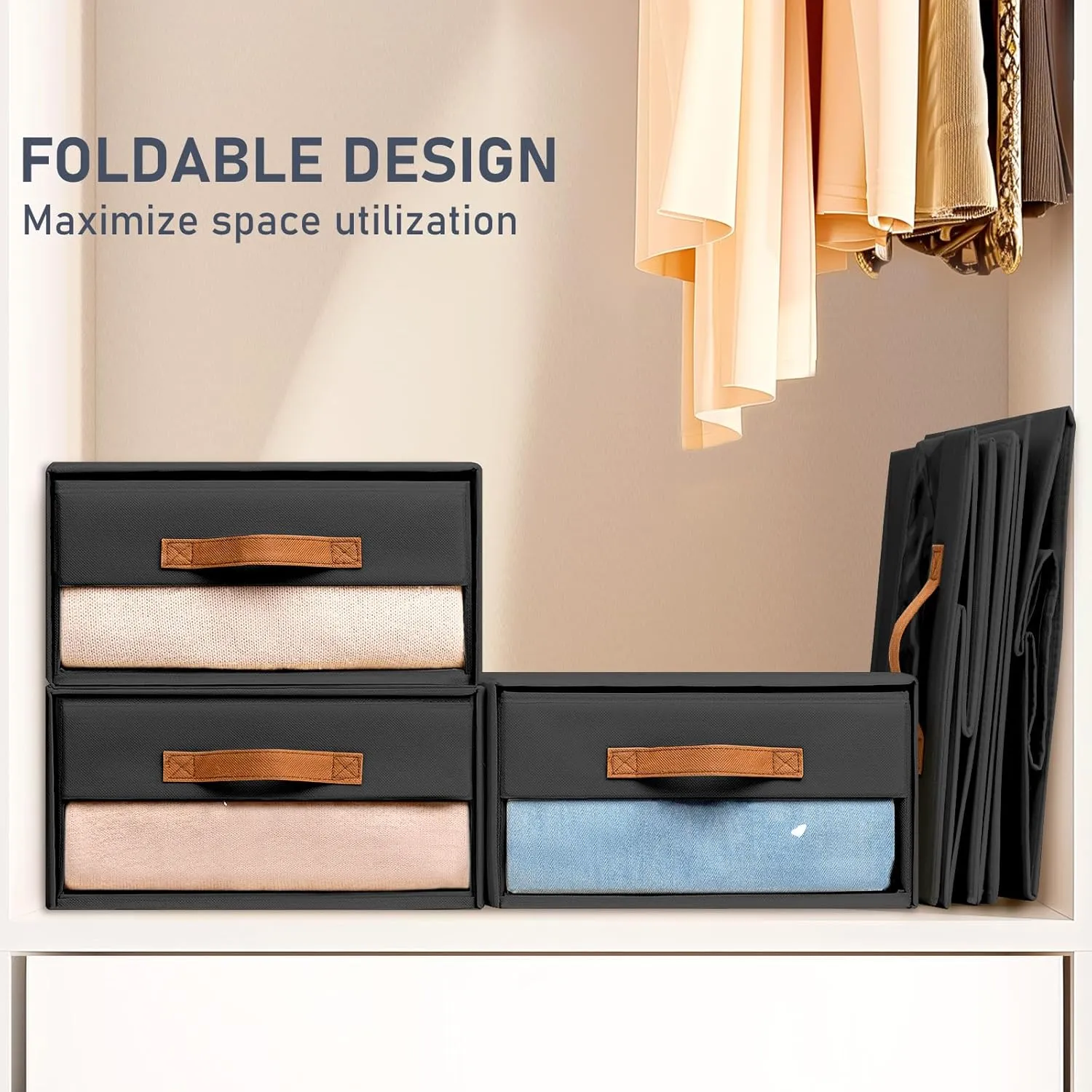 DIMJ Closet Organizers and Storage - Foldable Storage Bins with Drawers Fabric Stackable Storage Drawers with Clear Window,Fabric Clothes Organizers and Storage Drawers for Closet, 4-Pack, Black