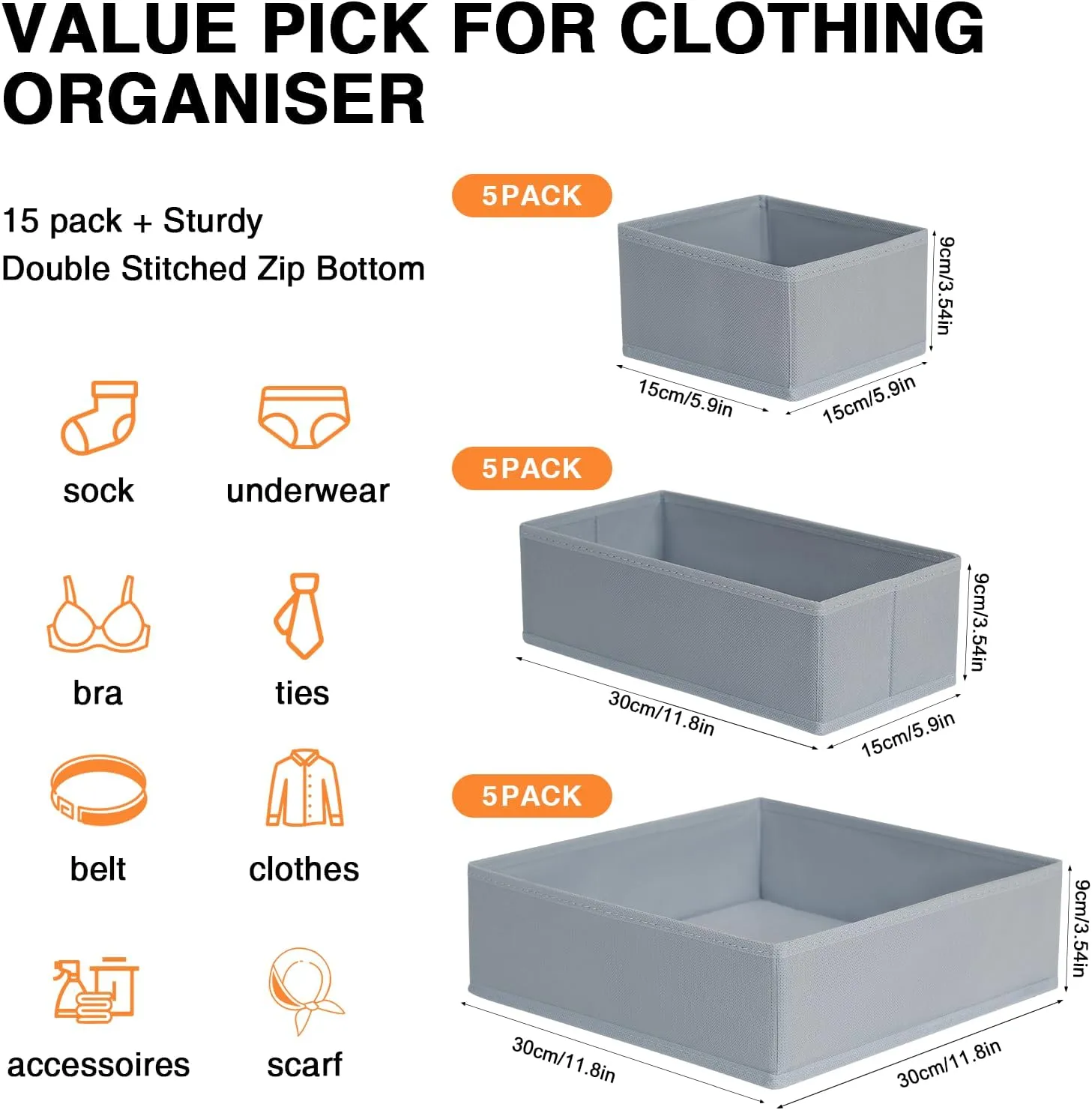 DIMJ Drawer Organizer Clothes, 15 Pack Underwear Organizer, Foldable Closet Organizers, Sock Organizer Bra Organizer, Fabric Dresser Organizer for Clothes, Bra, Socks, Tie (Grey)