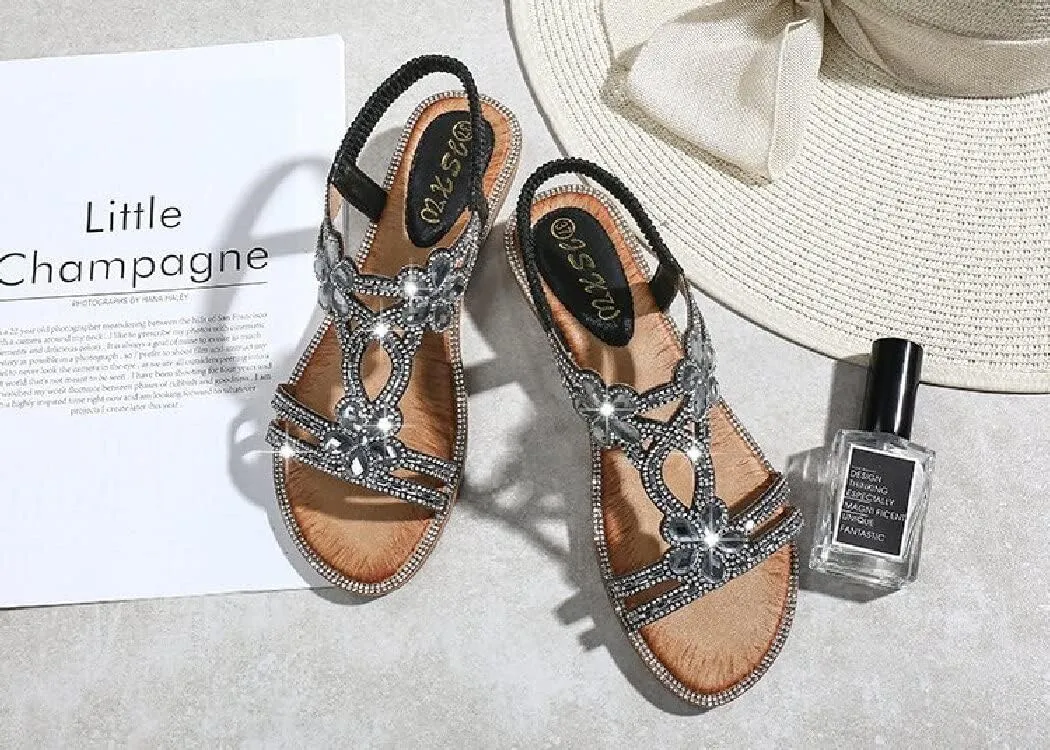 DKCHENH Rhinestone Sandals for Women Flat - Trendy Sparkling Boho Ladies' Flat Sandals,Beautiful Sparkling Boho Ladies' Flat Sandals for Summer.