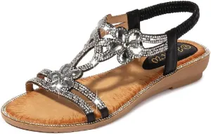 DKCHENH Rhinestone Sandals for Women Flat - Trendy Sparkling Boho Ladies' Flat Sandals,Beautiful Sparkling Boho Ladies' Flat Sandals for Summer.