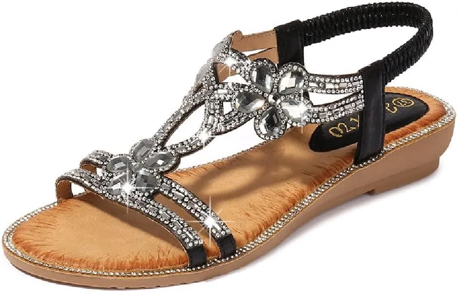 DKCHENH Rhinestone Sandals for Women Flat - Trendy Sparkling Boho Ladies' Flat Sandals,Beautiful Sparkling Boho Ladies' Flat Sandals for Summer.