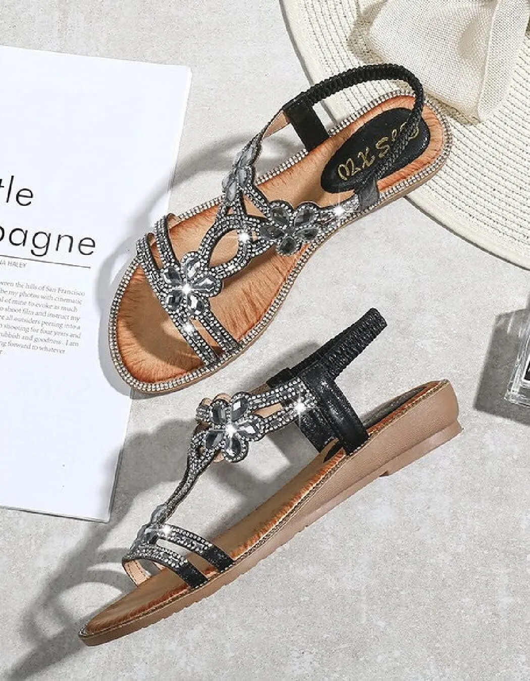 DKCHENH Rhinestone Sandals for Women Flat - Trendy Sparkling Boho Ladies' Flat Sandals,Beautiful Sparkling Boho Ladies' Flat Sandals for Summer.