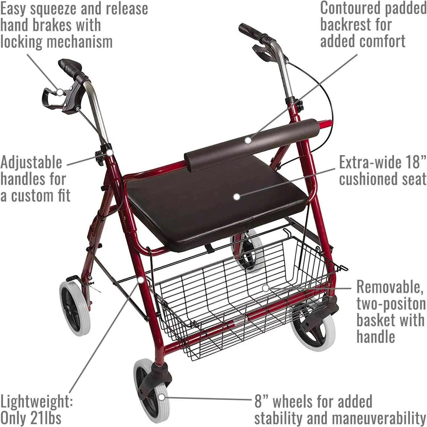 DMI Lightweight Rollator Walker With Seat & Padded Backrest, FSA HSA, 32"-36" Adjustable Height W/ Loop-lock Handbrakes, Supports Up To 375 Lbs, Bariatric Rollator Upright Walkers For Seniors Foldable