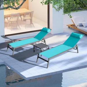Domi Patio 3 Pieces Aluminum Textilene Chaise Lounge Set with Side Table Outdoor, Adjustable Back and Pillow for Yard Garden Sunbathing for All Seasons, Lake Blue