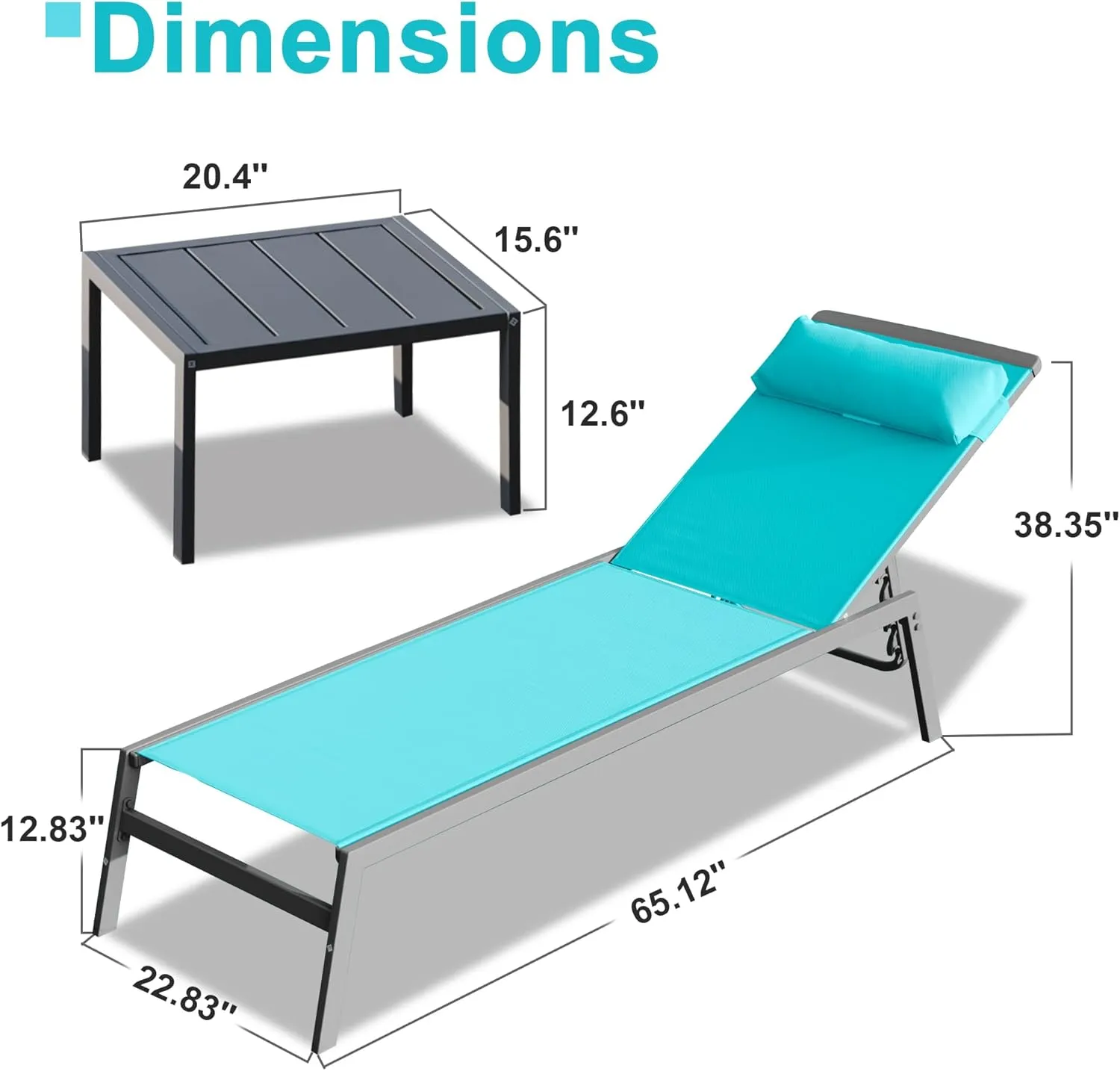 Domi Patio 3 Pieces Aluminum Textilene Chaise Lounge Set with Side Table Outdoor, Adjustable Back and Pillow for Yard Garden Sunbathing for All Seasons, Lake Blue