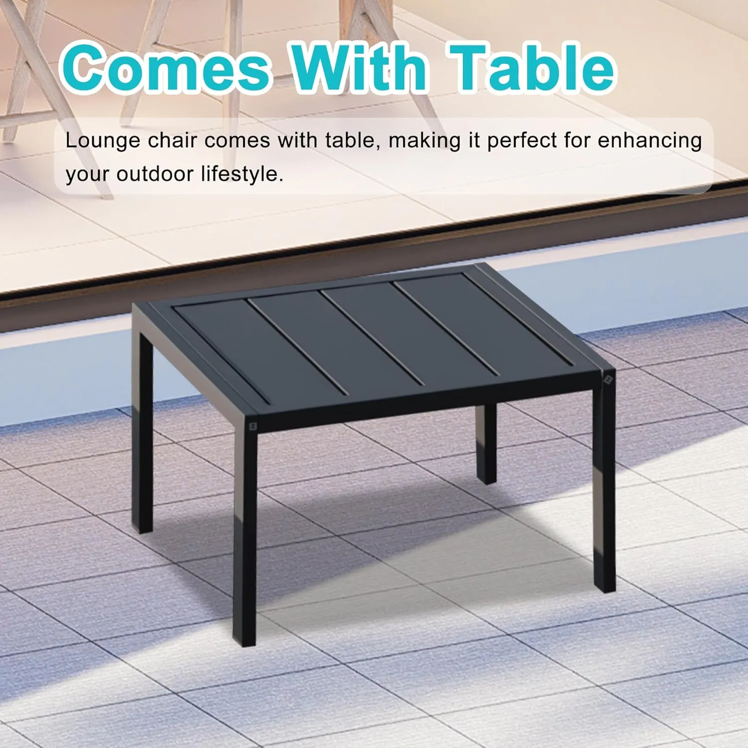 Domi Patio 3 Pieces Aluminum Textilene Chaise Lounge Set with Side Table Outdoor, Adjustable Back and Pillow for Yard Garden Sunbathing for All Seasons, Lake Blue