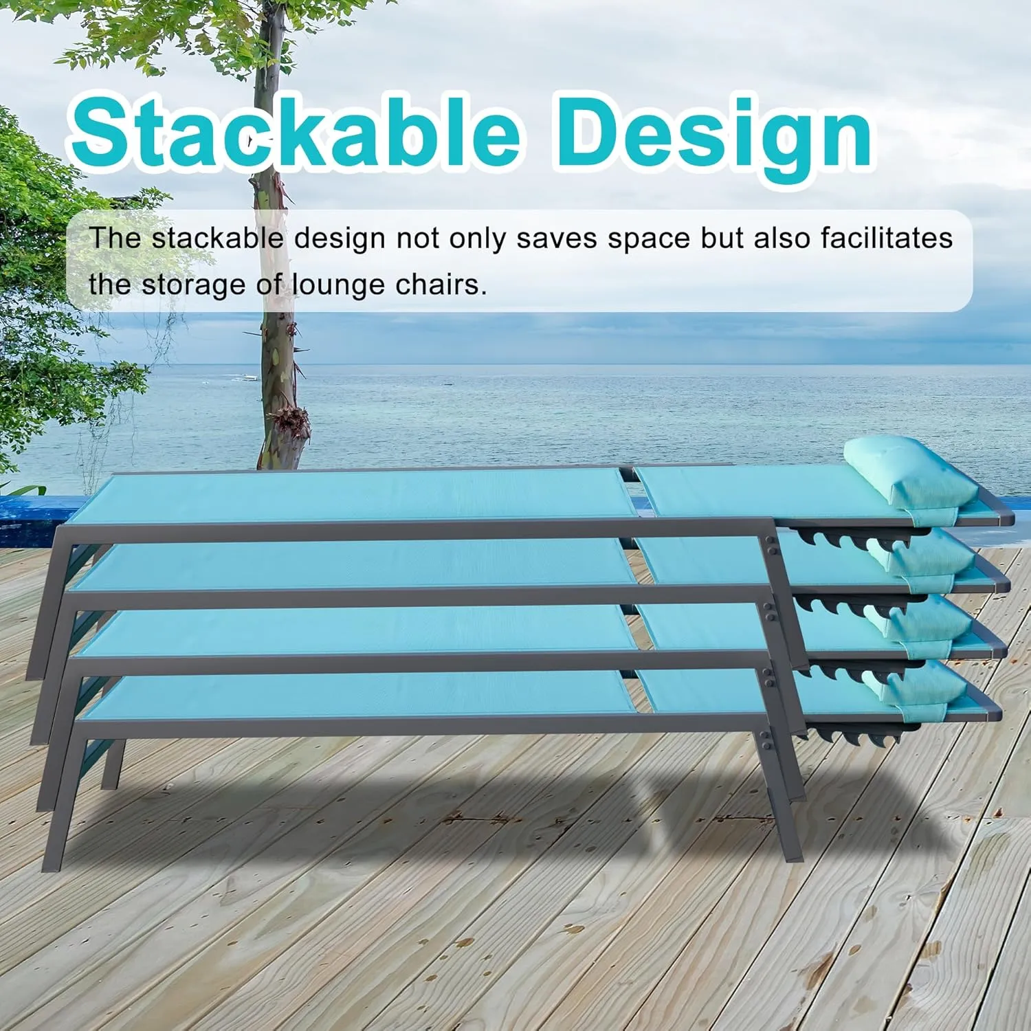 Domi Patio 3 Pieces Aluminum Textilene Chaise Lounge Set with Side Table Outdoor, Adjustable Back and Pillow for Yard Garden Sunbathing for All Seasons, Lake Blue
