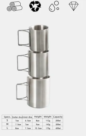 Double-layered coffee cup 3-piece set outdoor camping stainless steel folding water cup portable hiking cup mug