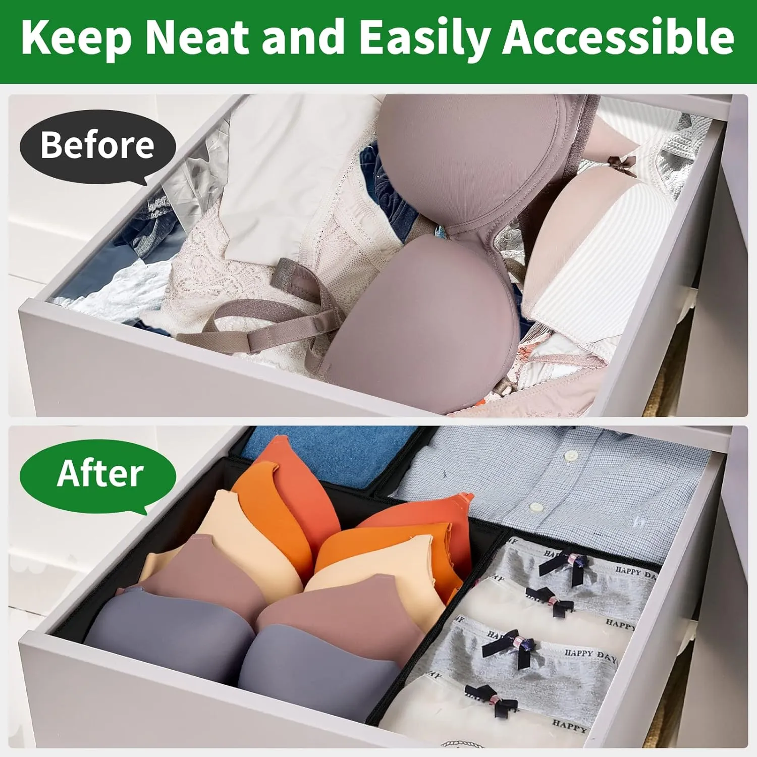 Drawer Organizer Clothes, 8 Pack Underwear Drawer Organizer, Foldable Cloth Storage Box Closet Organizers and Storage for Clothes, Socks, Scarves, Ties (Black)