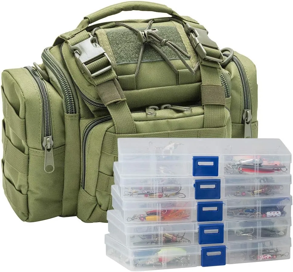 Dr.Fish Fishing Tackle Bag 5 Boxes with 60 Lures Included Loaded Stocked Tackle Box Set Spinner Lures Kit Freshwater Gear Equipment