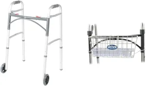 Drive Medical 10210-1 2-Button 350lb Capacity Folding Walker Bundle with Basket and Cup Holder