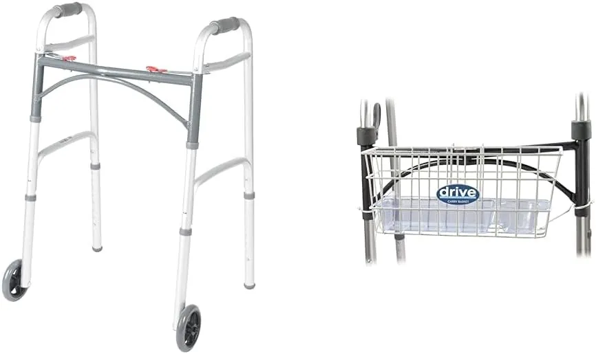 Drive Medical 10210-1 2-Button 350lb Capacity Folding Walker Bundle with Basket and Cup Holder