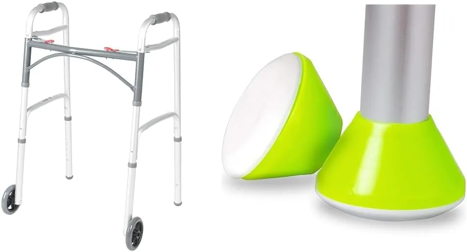Drive Medical 10210-1 Folding Walker with Wheels and HealthSmart Walker Glides, Walker Caps for Rollators, Universal Fit