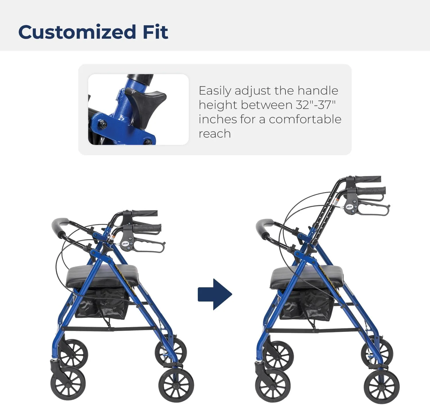 Drive Medical Aluminum Rollator Walker Fold Up and Removable Back Support, Padded Seat, 6" Wheels, Blue,R726BL
