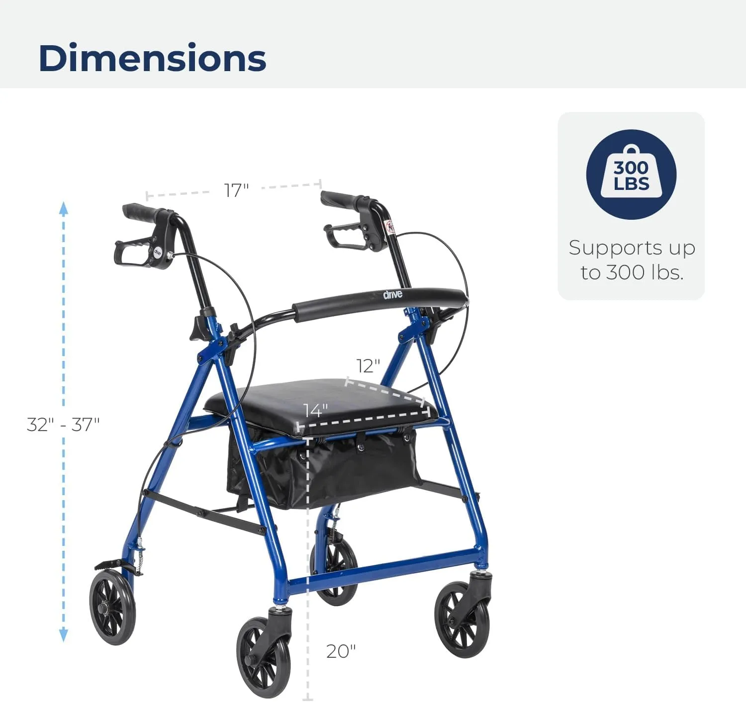 Drive Medical Aluminum Rollator Walker Fold Up and Removable Back Support, Padded Seat, 6" Wheels, Blue,R726BL