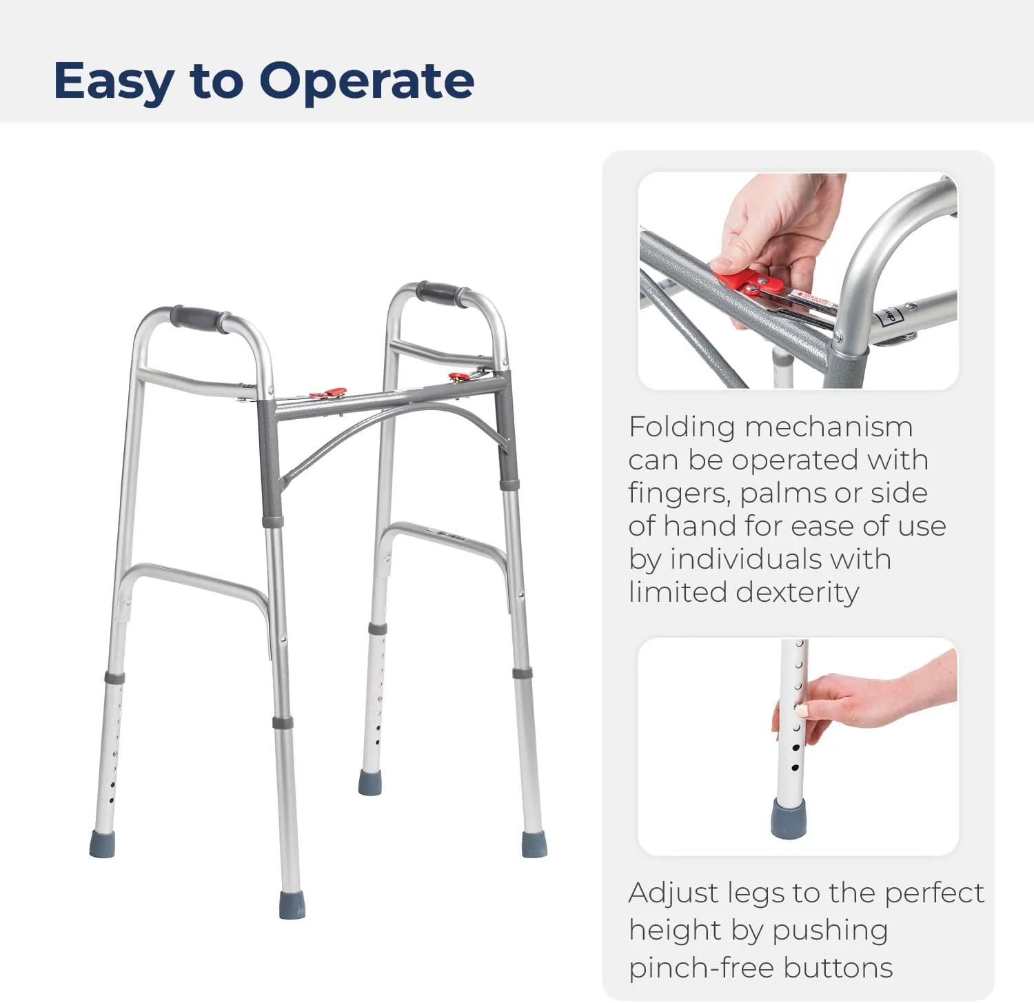 Drive Medical Deluxe 2-Button Folding Walker, Lightweight Walkers for Seniors and Adults, 350 lb. Weight Capacity, Silver