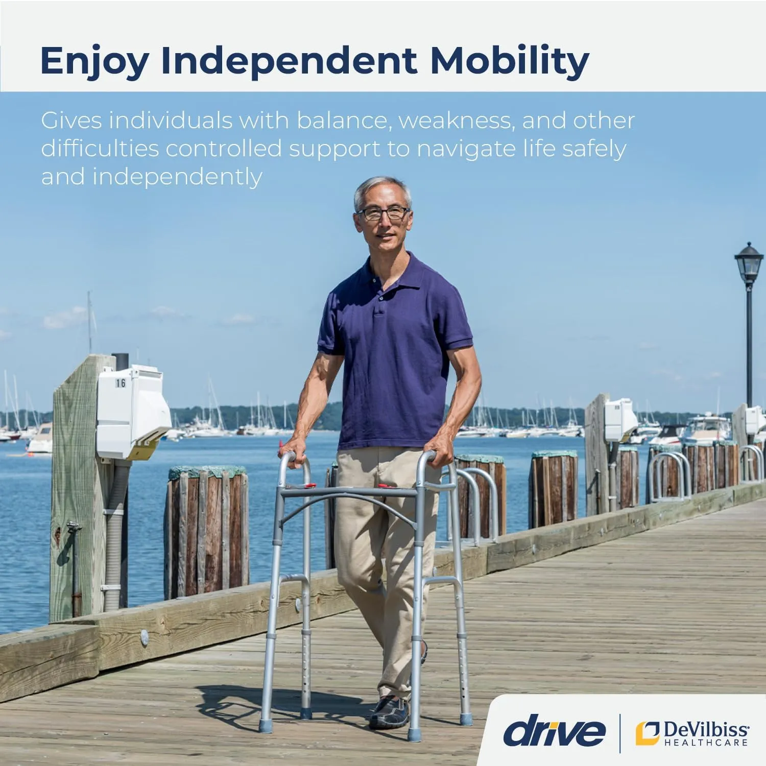 Drive Medical Deluxe 2-Button Folding Walker, Lightweight Walkers for Seniors and Adults, 350 lb. Weight Capacity, Silver
