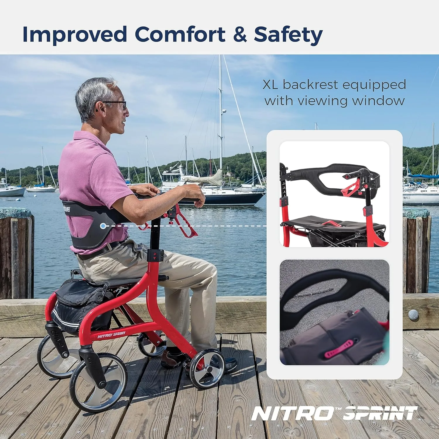 Drive Medical Nitro Sprint Foldable Rollator Walker with Seat, Petite Height Lightweight Rollator with Large Wheels, Folding Rollator, Short Rolling Walker for Seniors and Adults, Red