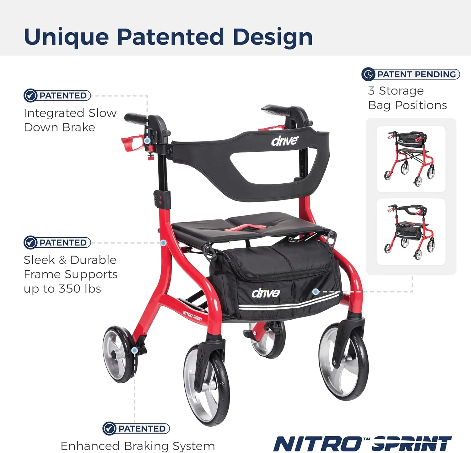 Drive Medical Nitro Sprint Foldable Rollator Walker with Seat, Petite Height Lightweight Rollator with Large Wheels, Folding Rollator, Short Rolling Walker for Seniors and Adults, Red
