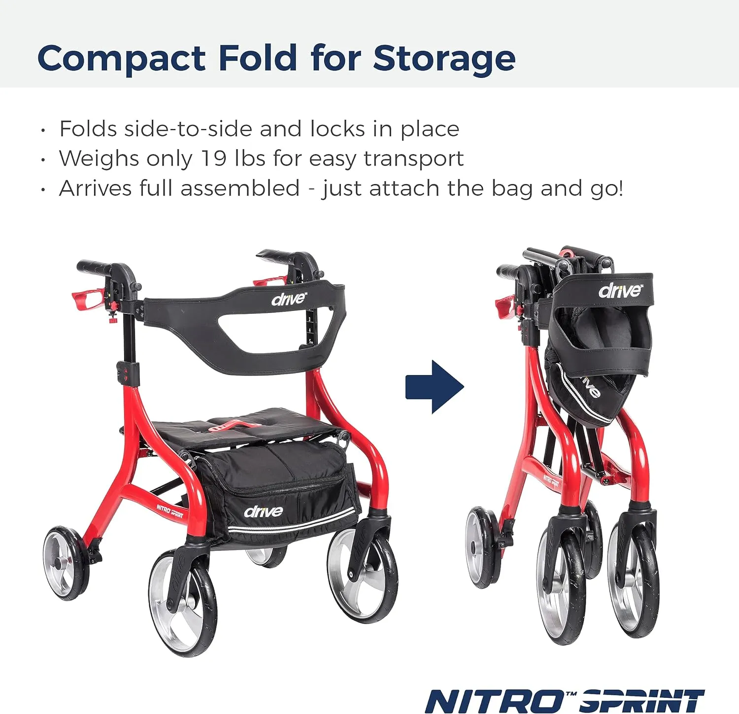 Drive Medical Nitro Sprint Foldable Rollator Walker with Seat, Petite Height Lightweight Rollator with Large Wheels, Folding Rollator, Short Rolling Walker for Seniors and Adults, Red