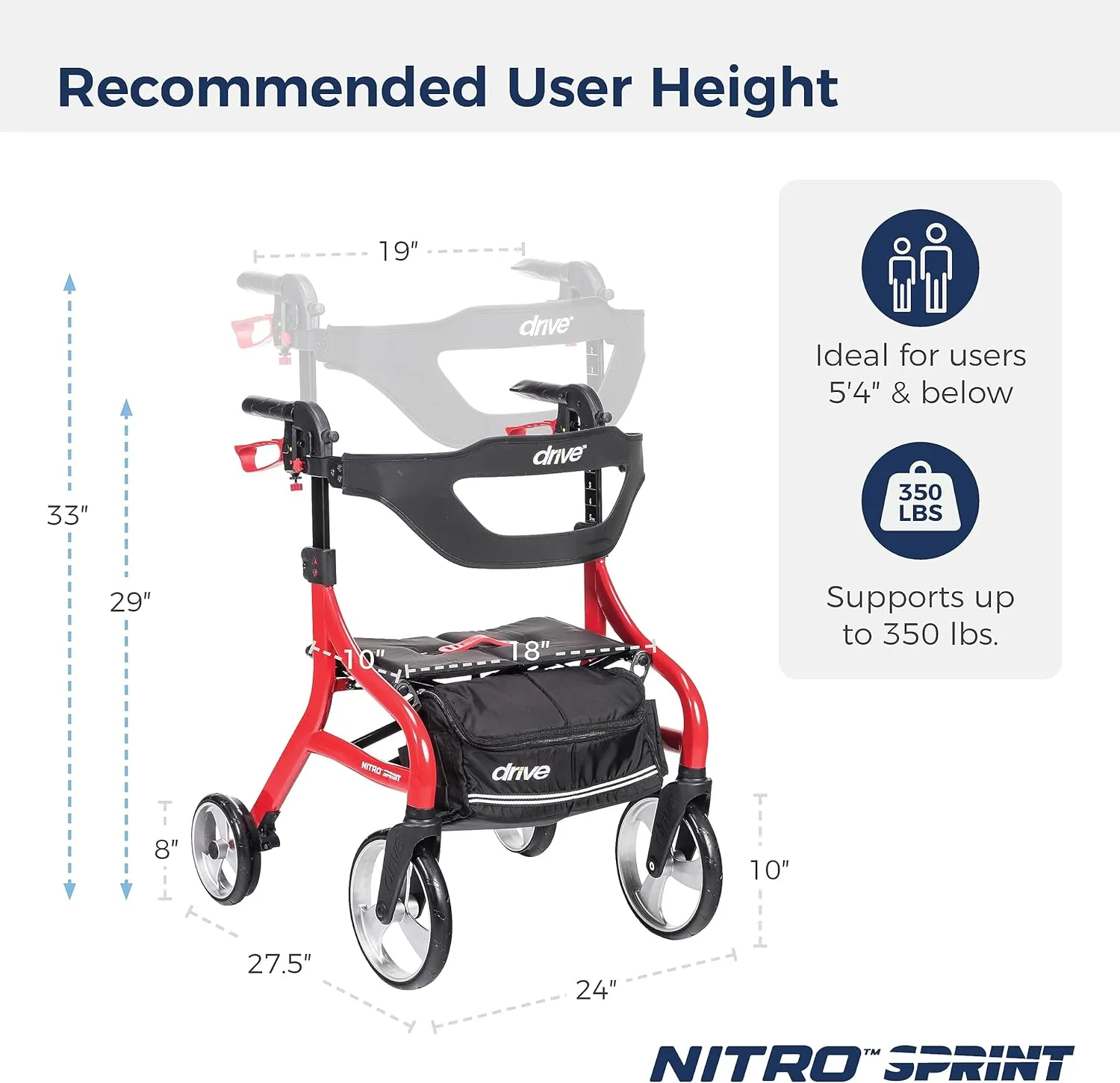 Drive Medical Nitro Sprint Foldable Rollator Walker with Seat, Petite Height Lightweight Rollator with Large Wheels, Folding Rollator, Short Rolling Walker for Seniors and Adults, Red