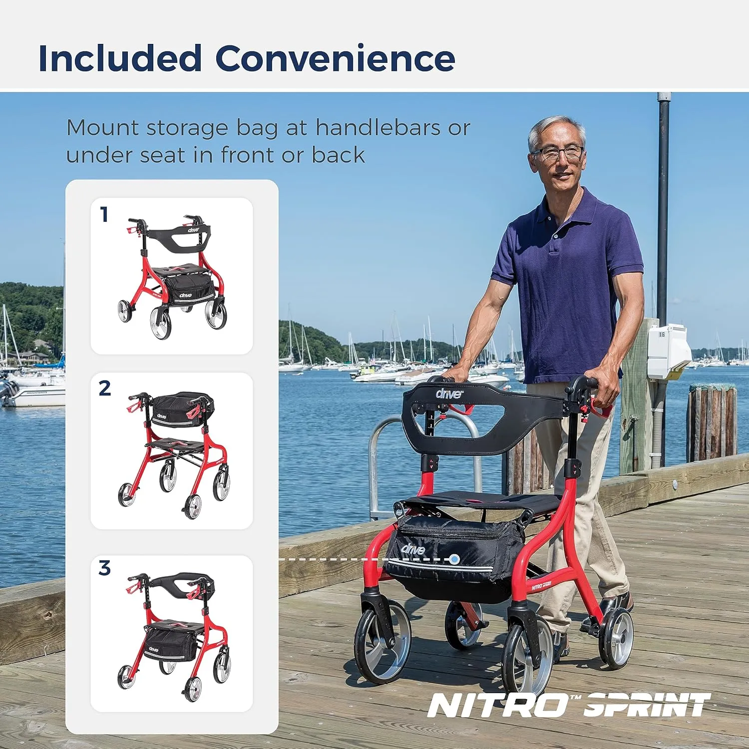 Drive Medical Nitro Sprint Foldable Rollator Walker with Seat, Petite Height Lightweight Rollator with Large Wheels, Folding Rollator, Short Rolling Walker for Seniors and Adults, Red